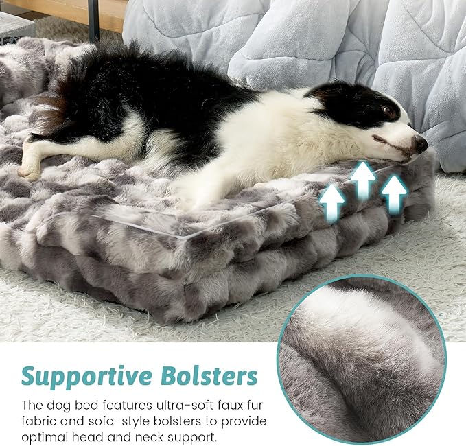 Orthopedic Dog Bed for Large Size Dog, Soft Warm Faux Fur Extra Large Sofa for Pet Up to 100 lbs, Foam Bolster Anti-Slip Couch with Washable Removable Cover, XL 44x32x7 inch, Tie Dye Grey