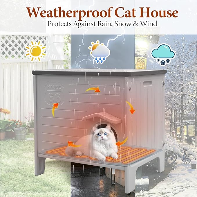 Deblue Heated Cat House for Outside with Insulated Foam for Outdoor Cats,Plastic Weatherproof Insulated cat House, Cat Shelter for Feral Cats
