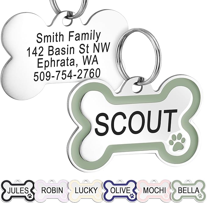 GoTags Stainless Steel Pet ID Bone Round and Heart Shaped Tags with Enamel Paw Design, Personalized Dog and Cat Tags, up to 5 Lines of Custom Text, Engraved on Both Sides (Sage, Small Bone)