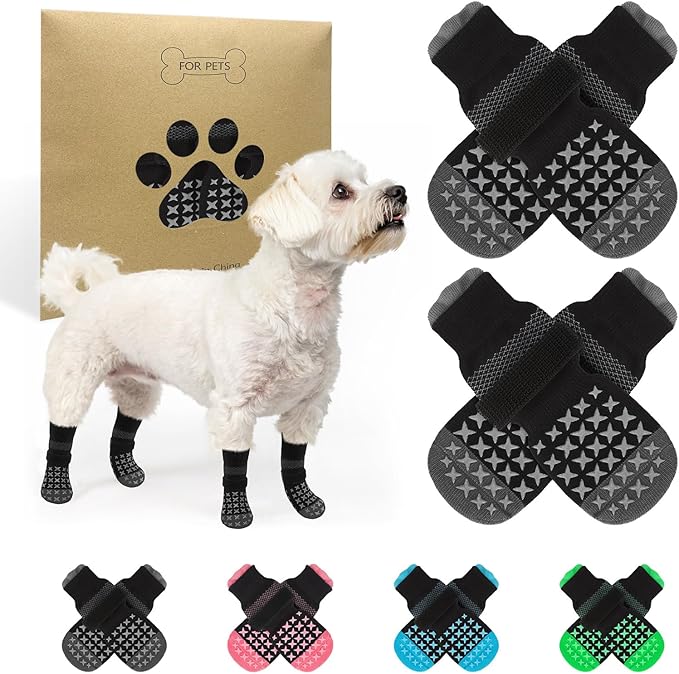 SCENEREAL Anti Slip Dog Socks to Prevent Licking Paws, Dog Booties & Paw Protectors for Hot Pavement Hardwood Floors, Traction Control for Small Medium Large Senior Dogs, Grey XS