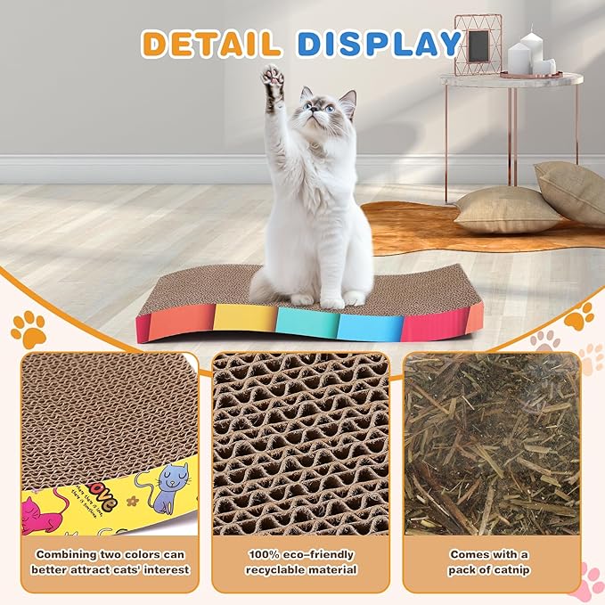 5 Pcs Multicolor Printed Cat Scratcher Pads with Catnip – Eco-Friendly Corrugated S-Shape Scratch Boards, Reversible, Heavy Duty for Indoor Cats & Furniture Protection