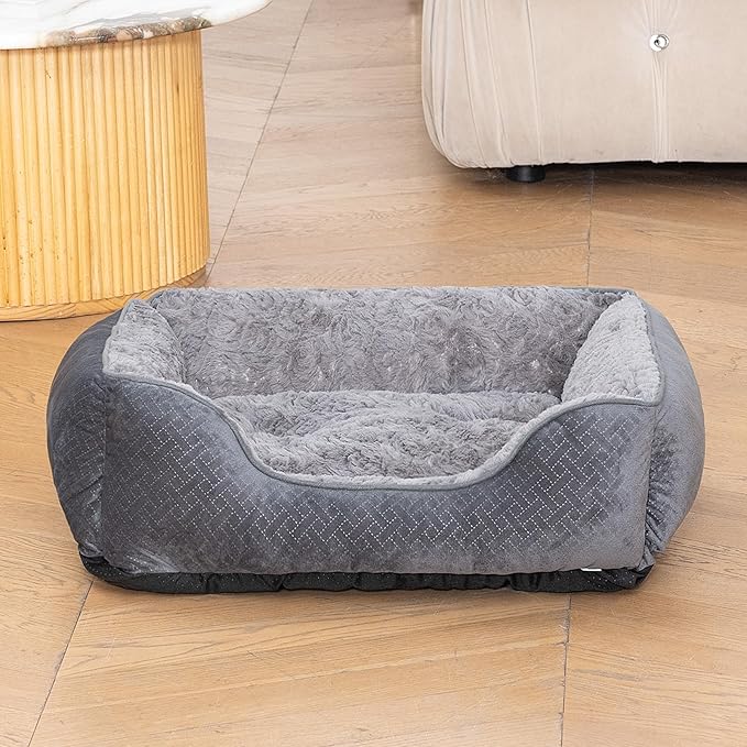 Dog Bed Medium, Super Soft Rectangle Dog Beds, Washable Warming Pet Bed with Anti-Slip Bottom, Anti-Anxiety, Grey, 25 x 21 x 8inch