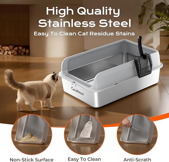 XXXL Stainless Steel Litter Box, 28.1'' Extra Large Metal Litter Box for Big and Multi Cats, Low Entry Design, Metal Pan, Non-Sticky, Anti-Leakage, Easy to Clean