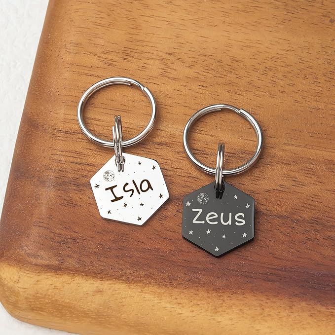 Anavia Small Size Dog Cat ID Tags, Small/XS Personalized Color Plated Stainless Steel Puppy Kitten Name Tags, Customized Engraved Nameplate Pet Collar Tag (Blue, Hexagon)