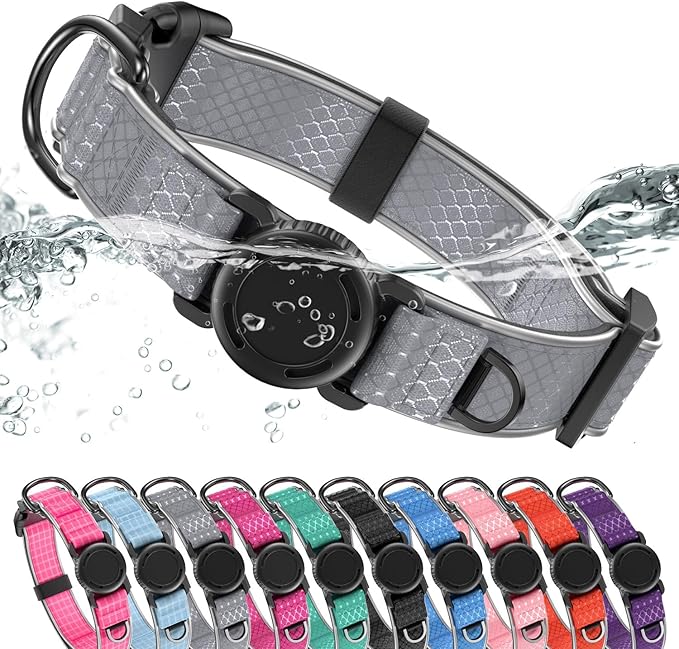 WhoseID Airtag Dog Collar | with Waterproof Air Tag Holder | QR Code Pet ID |Durable Comfortable Oxford Padded | Reflective Collar | for Outdoor Medium Dogs(Gray,M,13''~19'')