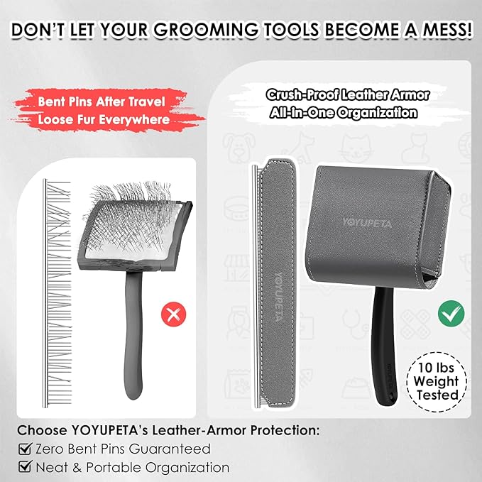 Large Long Pin Slicker Brush & Comb for Poodles, Goldendoodles & Cockapoos, Long Hair Dogs & Cats, Detangler Brush for Shedding & Matted Fur, Ergonomic Wooden Handle, Leather Sleeves. Black