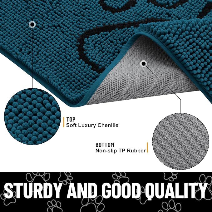 Smiry Dog Door Mat for Muddy Paws, Absorbent Dirt Trapper Non Slip Quick Dry Washable Chenille Mat for Mud Dogs, Entry Rug for Indoor and Outdoor (30x20 Inches, Atlantic Blue and Black)