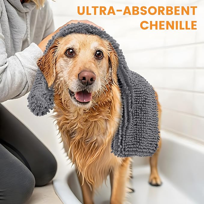 Smiry Chenille Dog Drying Towel, Extra Absorbent Bath Towel for Mud Dogs, Ultra Soft Quick Dry Pet Wash Mitt for Bathing, Grooming and Post-Walk Cleaning (31x13 Inches, Dark Grey)