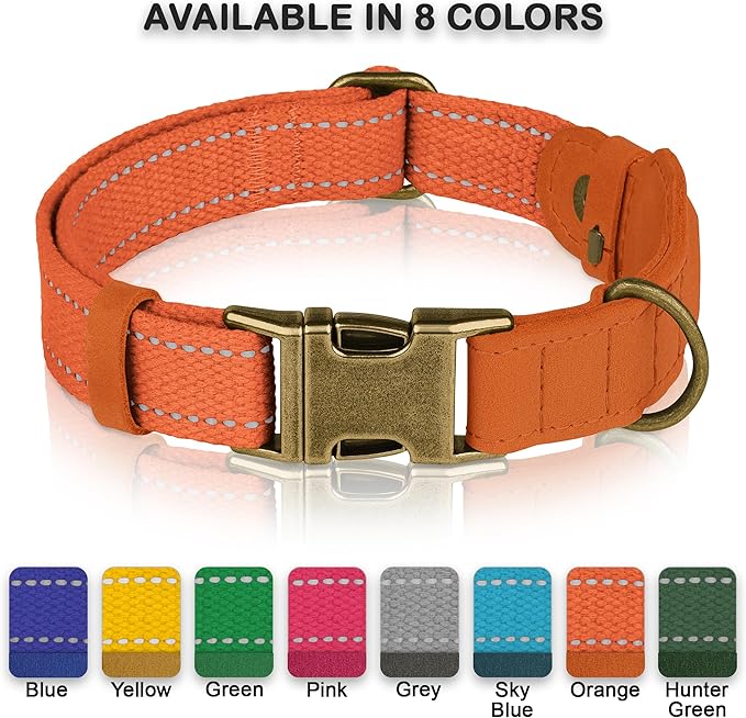 Reflective Leather Dog Collar with AirTag Holder - Soft Apple Airtag Dog Collar with Metal Buckle - Safety Cotton Pet Collars for Dogs Small Large Dogs Puppy (Orange, M, 14"-18")