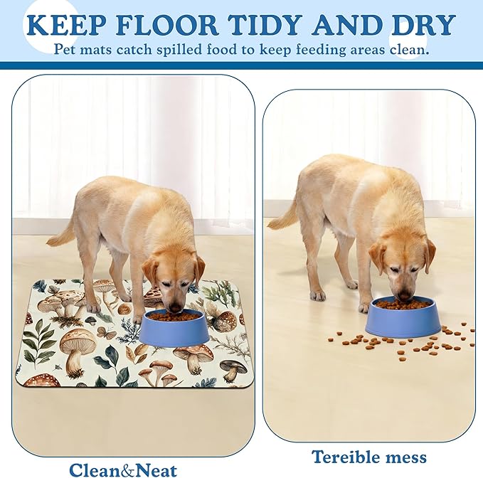 Vintage Mushroom Floral Dog Cat Food Mat–Christmas Stocking Absorbent Waterproof Placemat for Food and Water Bowls, Non Slip Rubber Backing, Feeding Mat for Clean Floors 16"x24"