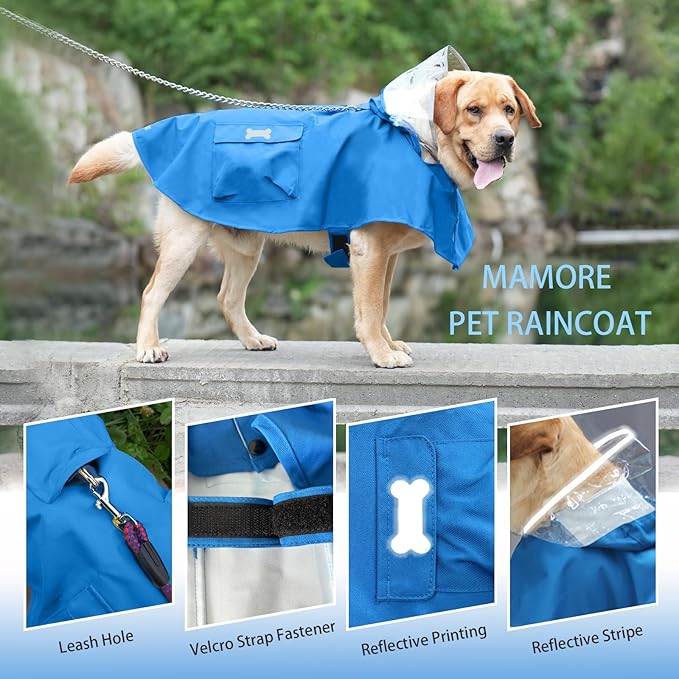 Dog Raincoat Waterproof, Adjustable Reflective Hooded Dog Rain Poncho with Leash Hole for Small Medium Large Dogs (Blue, X-Large)