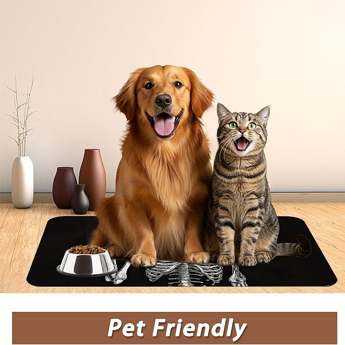 Funny Skull Skeleton Dog Food Mat for Floors,Absorbent Quick-Dry Pet Feeding Mat,Cat Dog Bowl Mats for Food and Water,Non-Slip Pet Accessories Supplies 12"x20"