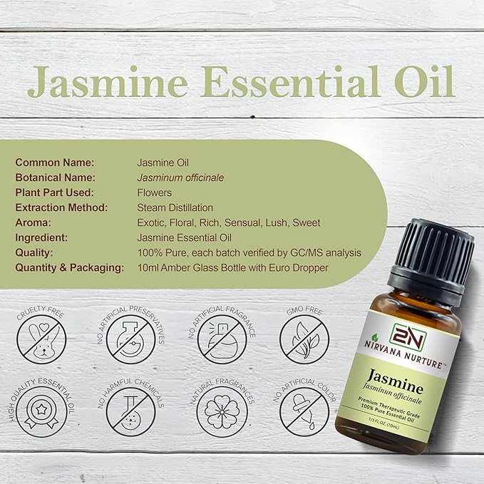 Nirvana Nurture Jasmine Essential Oil 100% Pure Premium Therapeutic Grade, Undiluted - Aromatherapy Diffuser for Calm and Relaxation, Skin Care, Hair Care