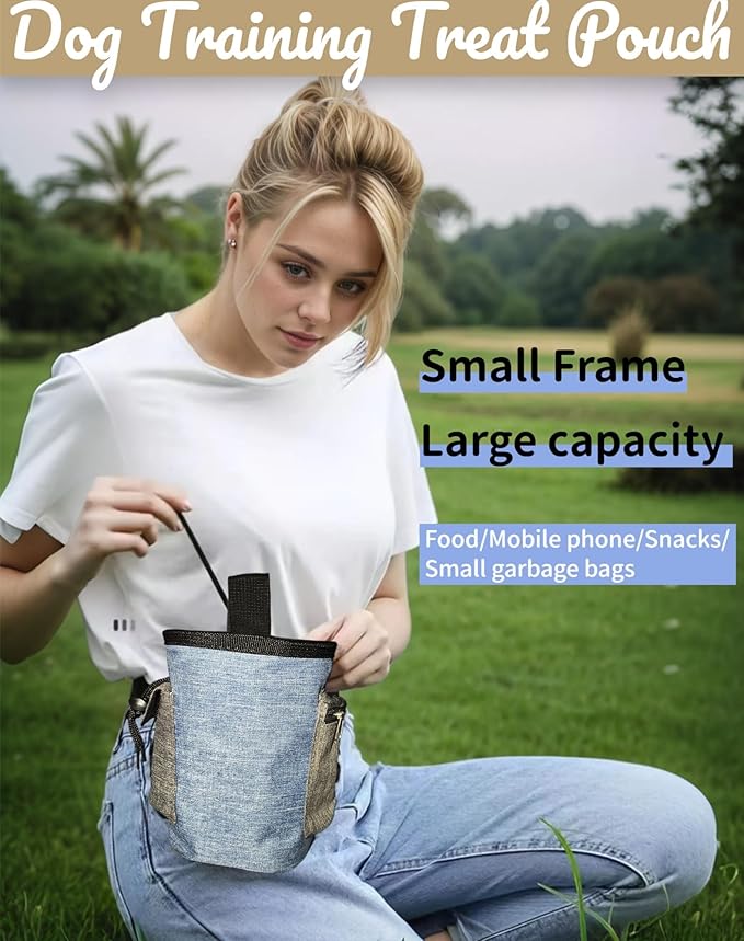 4-in-1 Dog Treat Pouch-3-Way Waterproof Cationic Linen Bag with Side Pockets & Compact Design Holds 3 Cups for Outdoor/Hiking with Poop Bag, Adjustable Belt & Silicone Flying Disc (Blue)