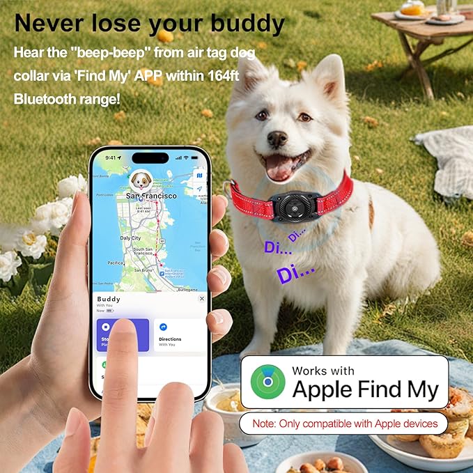 Reflective Air Tag Dog Collar, Waterproof Air Tags Dog Collar Holder with Air-Tag Chip for Apple Find My (iOS Only) Pet Collar for Small Medium Large Dogs (Red, M)