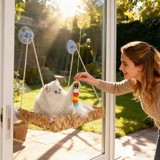 Cat Window Perch with Industrial-Grade Suction Cups and Ball Toy, Cat Window Hammock - 45 lbs Capacity, Handwoven Straw Sturdy Hanging Bed Seat Soft Cushion for Large Heavy Cats