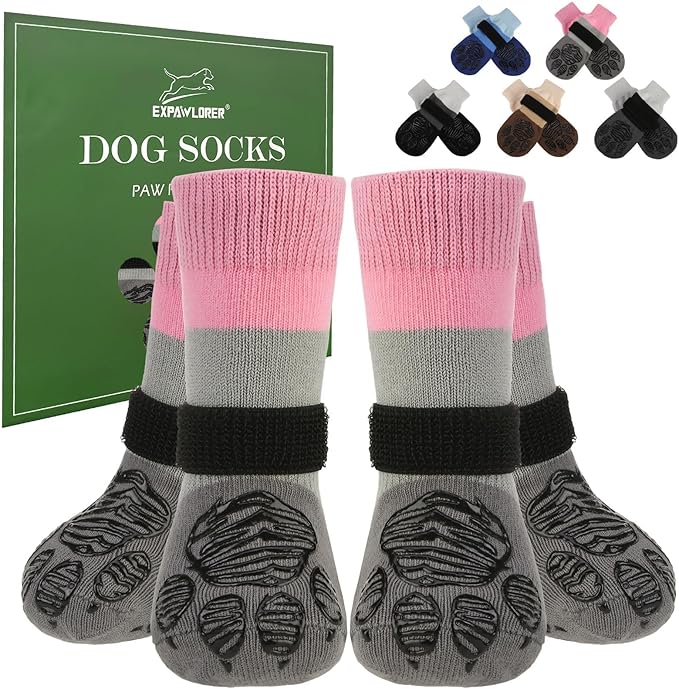 EXPAWLORER Anti Slip Dog Socks to Prevent Licking Paws, Dog Shoes for Cold Winter, Dog Booties for Hardwood Floors, Dog Boots & Paw Protectors with Grippers for Small Medium Large Senior Dogs Pink S