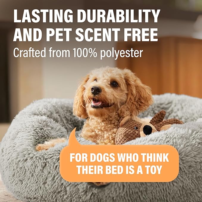 Active Pets Calming Plush Dog Bed Donut Joint Support Anxiety Relief Washable Pet Bed with Removable Cover for Dogs Cats, Large 36", Beige