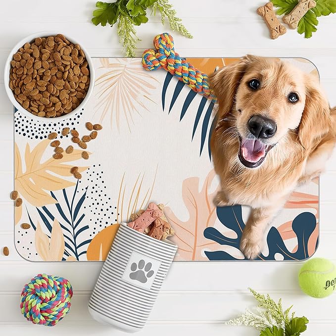 Boho Tropical Leaves Dog Food Mat for Floors,Absorbent Pet Food and Water Bowl Mats,Non-Slip Pet Feeding Mat,Pet Supplies 16" x 24"