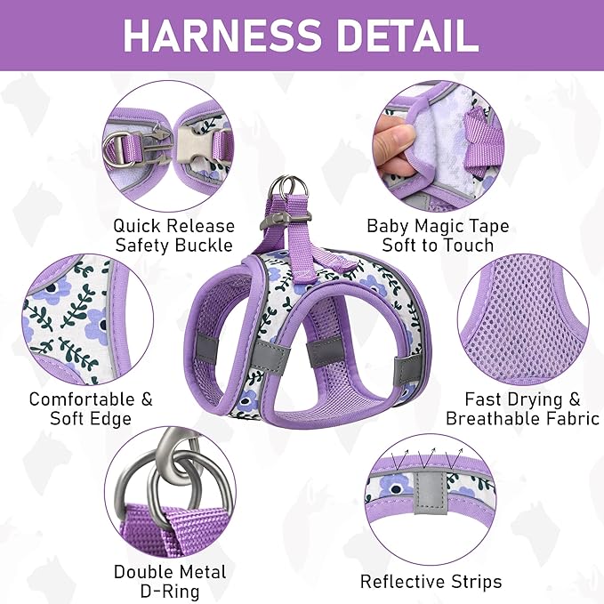 GAMUDA Small Dog Harness Collar and Leash Set, Step in No Chock No Pull Soft Mesh Adjustable Dog Vest Harnesses Plaid Reflective for Dogs Puppy Cats Kitten Rabbit (Purple Flower, XL)