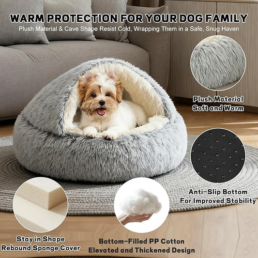 YUDANSI Calming Small Dog Bed & Indoor Cat Bed - Plush Fluffy Hooded Cave Nest, Anti-Slip Self-Warming, Washable Built-in No-Collapsing Support (Grey-65cm/26in)