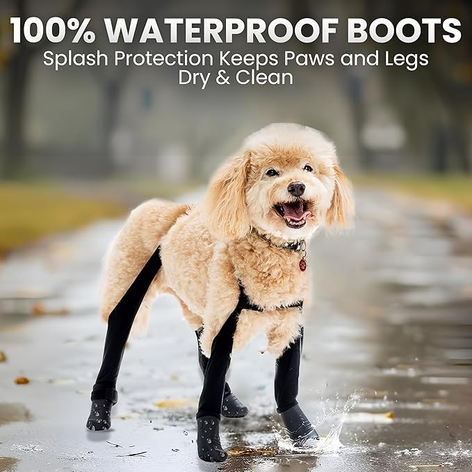 100% Waterproof Dog Boots Connected to Leggings so They Stay on. Easy-On Paw Protectors with Chest Strap for Rain & Snow, Anti-Slip Traction, Adjustable Fit, Machine Washable (Black, XS - Short)