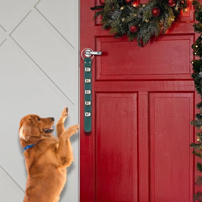 Bevin Bells Leather Sleigh Bell Strap | Five (1 ") Bells | Brown/Brass | Door Hanger | Dog Potty Training | Made of Steel | Christmas Holiday Decoration | Sturdy Hanging Loop | Made in CT, USA