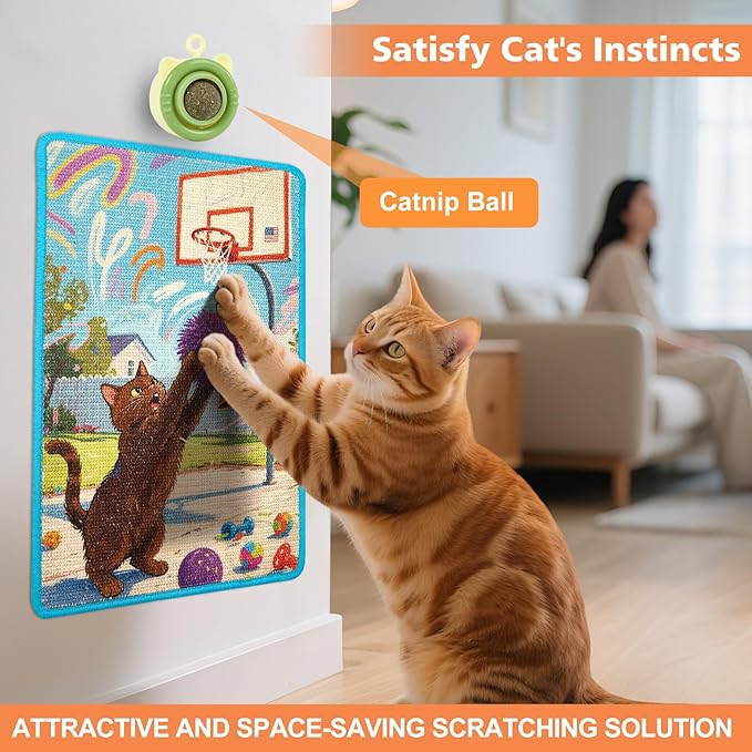 Cat Scratching Mat with Bonus Adhesive Catnip | All-in-One 23.6x15.7 Inch Sisal Scratcher for Wall/Floor, Stops Couch Carpet Scratching, Durable Anti-Slip