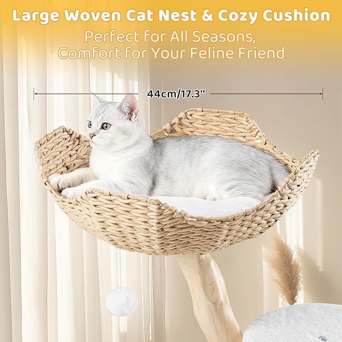 COSIEST 42.5" Tall Modern Cat Tree Tower for Indoor Cats, Cat Scratching Posts with Hand Woven Baskets, Balls & MGO Trunks, Rattan Cat Tree with Condo, Cat Furniture for Multi-Cat Households, White