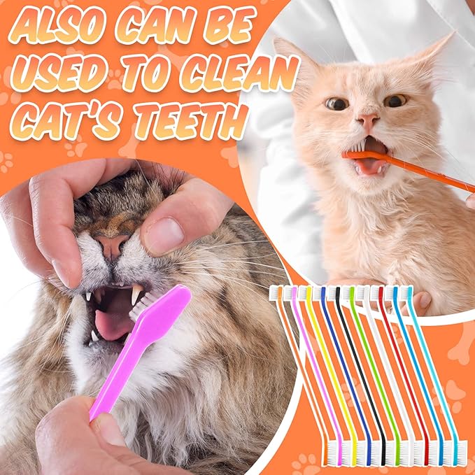 100 Count Dog Toothbrush Bulk Dual Headed Pet Toothbrush Kit Soft Bristles Long Handle Double Sided for Dog Grooming Puppy Pet Large Small Teeth Cleaning Dental Oral Care, 10 Color