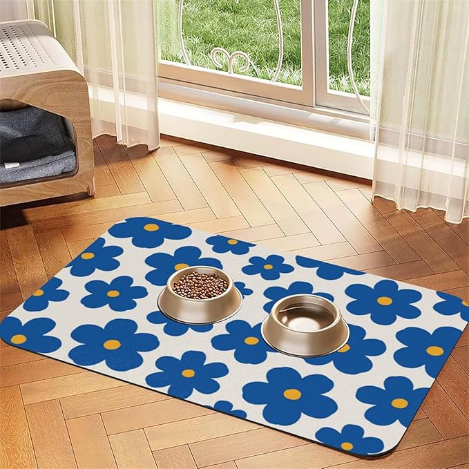 Dog Food Mat for Floors Absorbent,Quick Dry Cat Pet Feeding Placemats with Non Slip Rubber for Dog Food and Water Bowl, Pet Supplies for Dogs, Cats(40x60cm,Blue Flower Pattern On Cream)