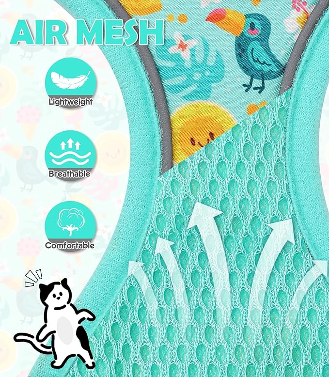 Halypet Cat Harness and Leash Set[MAX Safety 4th-Gen] Cute Escape Proof Vest Harness for Girl&Boy Cat Walking, Comfortable Adjustable Leash and Reflective Strips for Outdoor Kitten, XS Green Tropics