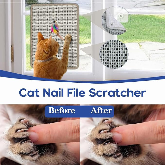 Cat Nail File Scratcher - Natural Sisal Scratch Mat with 80-Grit Aluminum Oxide, Adhesive Sheets & Expansion Screws for Secure Wall/Floor Mounting, Ideal for Trimming Cat Claws 13.38"x16.53"