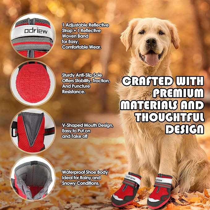 ODRIEW Dog Shoes Large Size Dogs, 4PCS Breathable Mesh Dog Boots & Paw Protectors for Hot Pavement, Small Shoes for Dogs with Reflective Strip, Anti-Slip Sole for Outdoor Walking Hiking. (Reds, 8)
