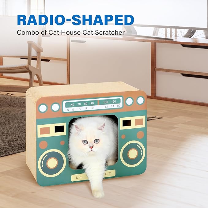 Cardboard Cat House with Scratcher, Radio Scratcher Cardboard Lounge Bed - Scratchers & Play House for Indoor Cats - Corrugated Scratcher Box Toy for Cat Birthday