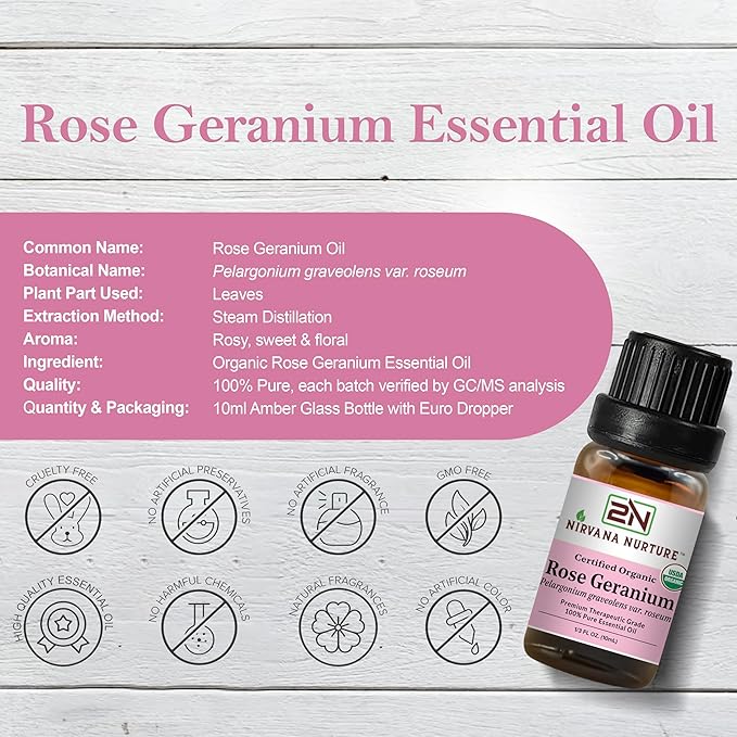 Nirvana Nurture Rose Geranium Essential Oil USDA Certified Organic, 100% Pure Natural Premium Grade, Undiluted