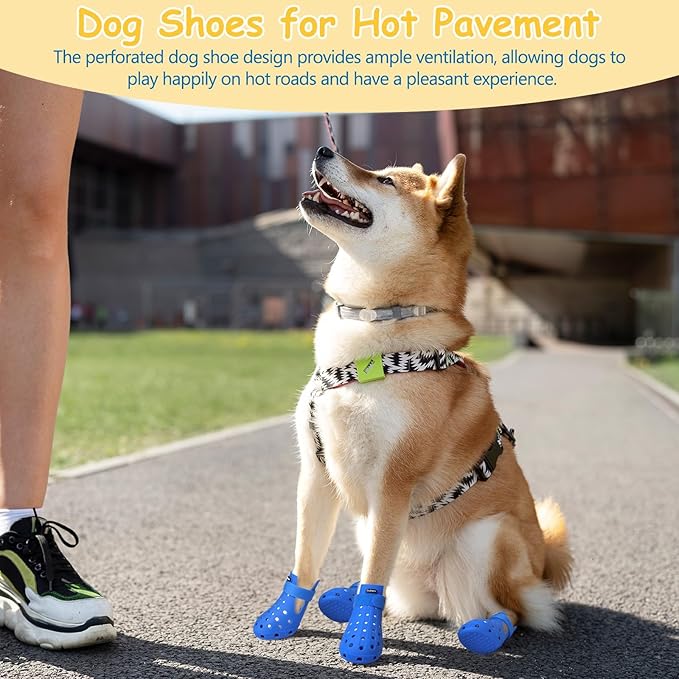 Dog Shoes for Hot Pavement, Non-Slip Waterproof Dog Crocs, Dog Booties Sandals for Medium Dogs, Easy ON & Off Adjustable Easy-Clean Boots for Beach Outdoor Blue, Size M: (2.5’’x2-2.2’’)(L*W)