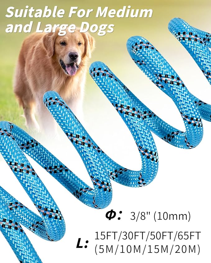 Joytale Long Leash for Dog with Removable Padded Handle, Heavy Duty Lead for Large Medium Dogs,15FT/30FT/50FT/65FT Reflective Training Leash for Play, Camping, Backyard Tie Out, Blue, 30FT
