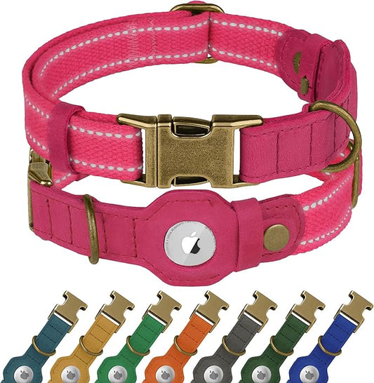 Reflective Leather Dog Collar with AirTag Holder - Soft Apple Airtag Dog Collar with Metal Buckle - Safety Cotton Pet Collars for Dogs Small Large Dogs Puppy (Pink, L, 17"-21")