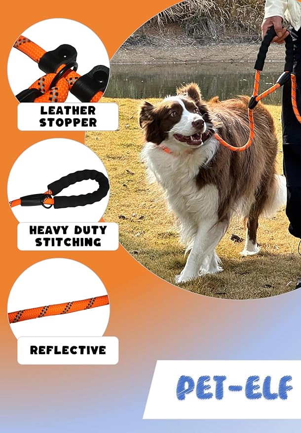 PET-ELF 1/2” x 4.9 ft Adjustable Slip Lead for Medium to Giant Dogs, No Pull Outdoor Training Leash, Tactical, Durable Nylon Rope, Reflective Material, Traffic Handles, Orange,1 Pack