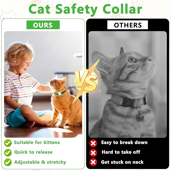Elastic Cat Collar, Stretch Cat Collar Quick Release, Bright Colors Safety Kitten Collar Adjustable Collar for Kittens, Lightweight Soft Polyester Collars for Boy Girl Cats (Green,M)
