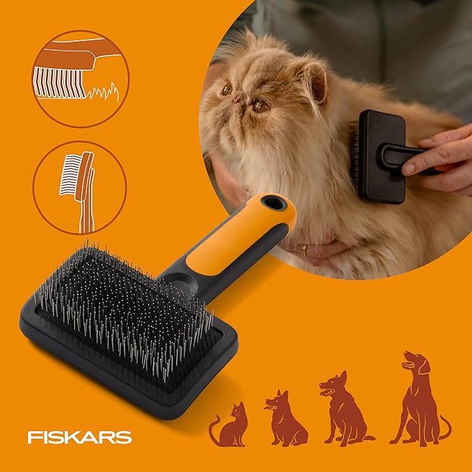 Fiskars Pet Slicker Brush, Cat and Dog Brush for Shedding, Fine Bristles & SoftGrip Handle for Gentle Grooming and Deshedding, Cat and Dog Supplies, 6.5”, Orange/Black
