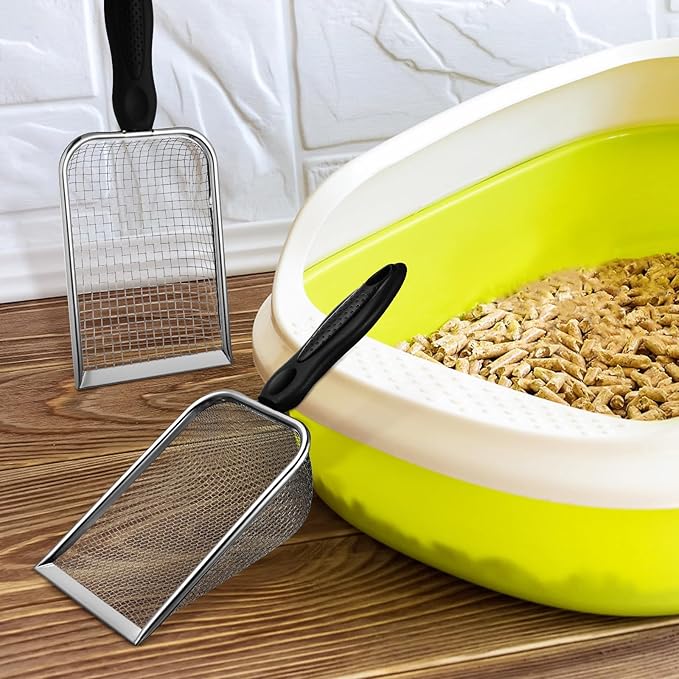 2 Pcs Stainless Steel Cat Litter Scoop - Metal Litter Box Scooper with Dual Mesh Sizes & Hanging Hole, Durable Corner Cleaner for Efficient Clump Removal