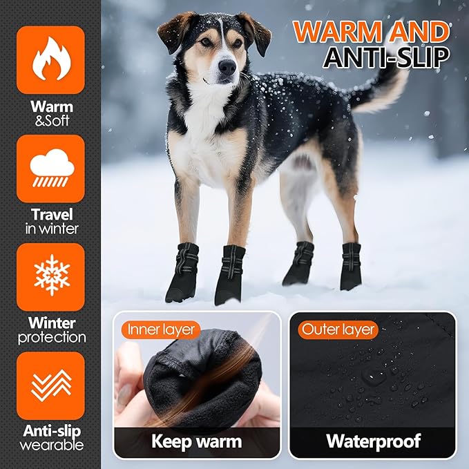Snow Boots for Large Dogs, Waterproof & Anti-Slip & Reflective, Dog Booties and Paw Protectors, 4Pcs Dog Shoes for Winter Hiking Walking Outdoor,Summer Hot Pavement, Size L, Black