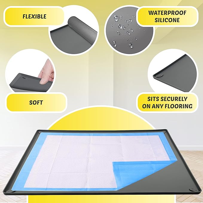 TidyFriend Pee Pad Holder Tray with Corner Clip 28 x 30 Inches - Easy to Clean & Store, No Spill Silicon Training Pad for Dogs (Grey)