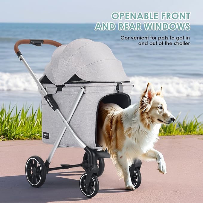 Beberoad Pets X6 Luxury Dog Stroller for Medium Dogs, All-Terrain Foldable Dog Stroller with 180° Canopy, 4-Wheel Shock Absorption (Grey)