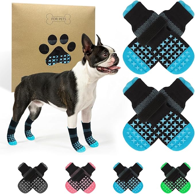 SCENEREAL Anti Slip Dog Socks to Prevent Licking Paws, Dog Booties & Paw Protectors for Hot Pavement Hardwood Floors, Traction Control for Small Medium Large Senior Dogs, Blue S