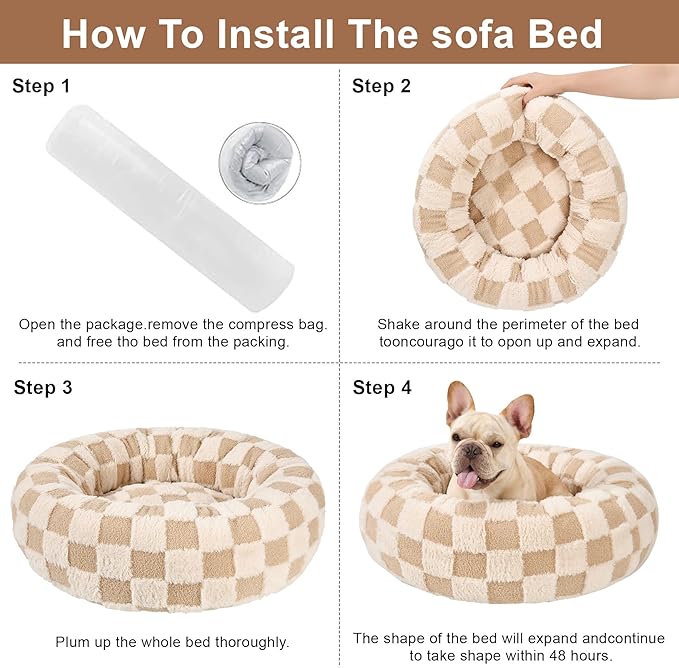 Dog Calming Beds for Small Medium Large Dogs - Round Donut Washable Puppy Dog Bed, Anti-Slip Faux Fur Fluffy Donut Cuddle Anxiety Cat Pet Bed (28" Grid)