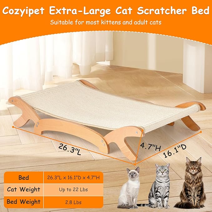 Sisal Cat Scratcher Bed for Indoor Cats Hammock with Solid Beech Wood Frame with Clear Finish, Large Stable Scratch Pad Lounge for Napping and Scratching, 26.3 x 16.1 inches