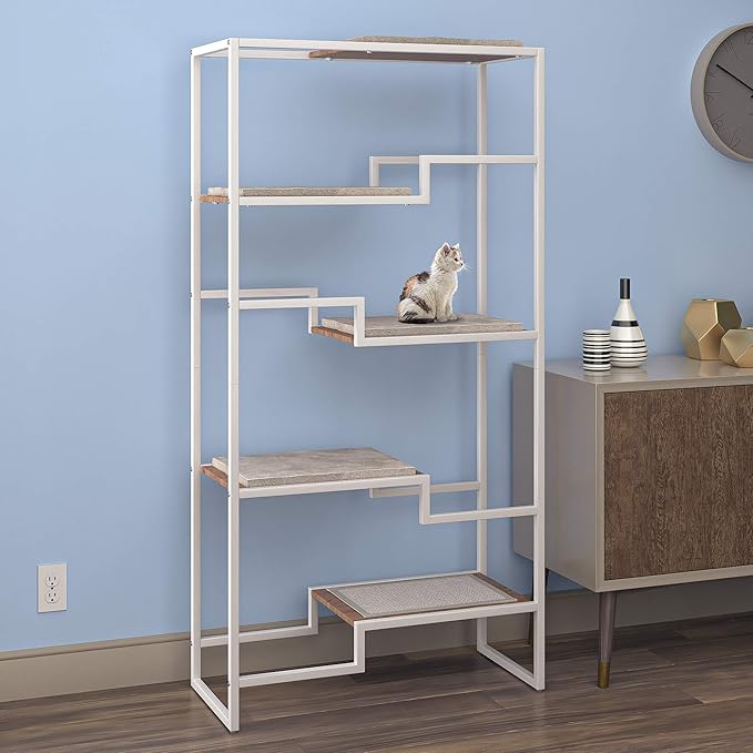 The Refined Feline 62 Inch Tall Metropolitan Cat Condo, White Metal Frame Cat Tower, Multi-Level Modern Cat Tree for Indoor Cats, Brown Platforms with Gray Replaceable Cushions & Scratching Post